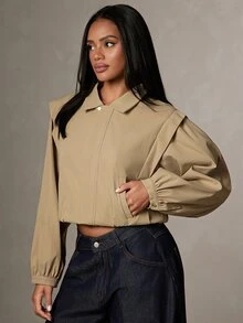 HautureKhaki Short Minimalist Jacket, Lapel Puff Sleeves, Elastic Hem, Casual Street Style Top, Suitable For Daily Wear And Outings, Spring And Autumn - Khaki - View 3