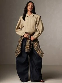 HautureKhaki Short Minimalist Jacket, Lapel Puff Sleeves, Elastic Hem, Casual Street Style Top, Suitable For Daily Wear And Outings, Spring And Autumn - Khaki - View 2