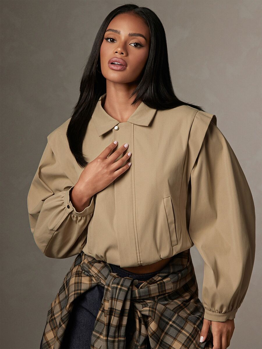 HautureKhaki Short Minimalist Jacket, Lapel Puff Sleeves, Elastic Hem, Casual Street Style Top, Suitable For Daily Wear And Outings, Spring And Autumn - Khaki - View 1