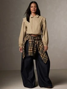 HautureKhaki Short Minimalist Jacket, Lapel Puff Sleeves, Elastic Hem, Casual Street Style Top, Suitable For Daily Wear And Outings, Spring And Autumn - Khaki - View 4