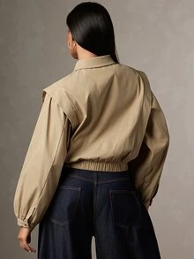 HautureKhaki Short Minimalist Jacket, Lapel Puff Sleeves, Elastic Hem, Casual Street Style Top, Suitable For Daily Wear And Outings, Spring And Autumn - Khaki - View 5