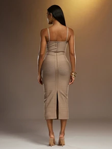 Hauture Women's Thick High Stretch Sculpted Square Neck Bandage Midi Dress Party Wedding Guest - Brown - View 2