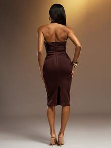 Hauture Women's Thick High Stretch Sculpted Bandage Halter V Neck Sculpting Midi Dress Party - Brown - View 2