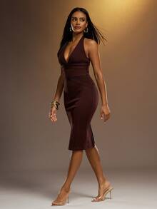 Hauture Women's Thick High Stretch Sculpted Bandage Halter V Neck Sculpting Midi Dress Party - Brown - View 3