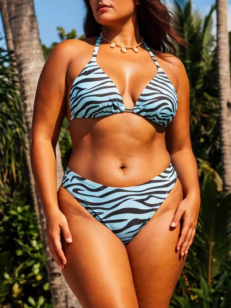 SHEIN Swim 2026春季新款女款大尺碼條紋印花咖啡色掛脖三角綁帶比基尼兩件式泳衣 - 彩色 - 查看 1