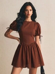 Poéselle 女款夏季休閒純色迷你洋裝 - 咖啡棕 - 查看 8