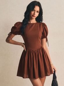 Poéselle 女款夏季休閒純色迷你洋裝 - 咖啡棕 - 查看 6