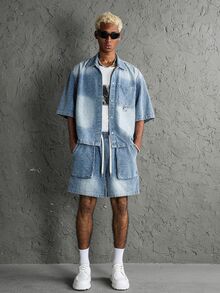 Manfinity EMRG 男士街頭風休閒鉤編腰繩藍色丹寧短袖套裝 - 淺色水洗藍 - 查看 6
