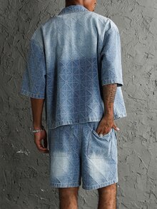 Manfinity EMRG 男士街頭風休閒鉤編腰繩藍色丹寧短袖套裝 - 淺色水洗藍 - 查看 8