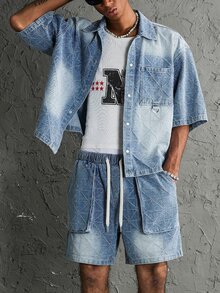 Manfinity EMRG 男士街頭風休閒鉤編腰繩藍色丹寧短袖套裝 - 淺色水洗藍 - 查看 7