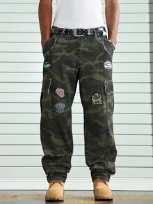 Manfinity EMRG 男士街頭風休閒拼接迷彩牛仔長褲 - 軍綠色 - 查看 6
