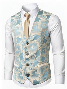 Manfinity AFTRDRK Rompi Jas Bisnis Pria Biru Jacquard Tanpa Lengan Kancing Tunggal Potongan Ramping - Biru - View 3