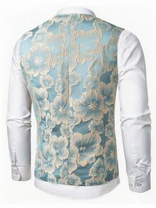 Manfinity AFTRDRK Rompi Jas Bisnis Pria Biru Jacquard Tanpa Lengan Kancing Tunggal Potongan Ramping - Biru - View 2