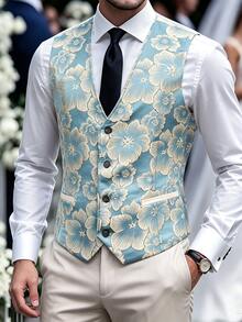Manfinity AFTRDRK Rompi Jas Bisnis Pria Biru Jacquard Tanpa Lengan Kancing Tunggal Potongan Ramping - Biru - View 1