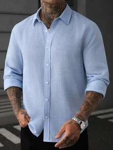 Manfinity CasualCool White Casual Linen Long Sleeve Shirt - Blue - View 8