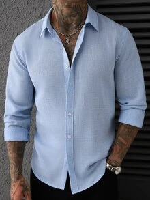 Manfinity CasualCool White Casual Linen Long Sleeve Shirt - Blue - View 6