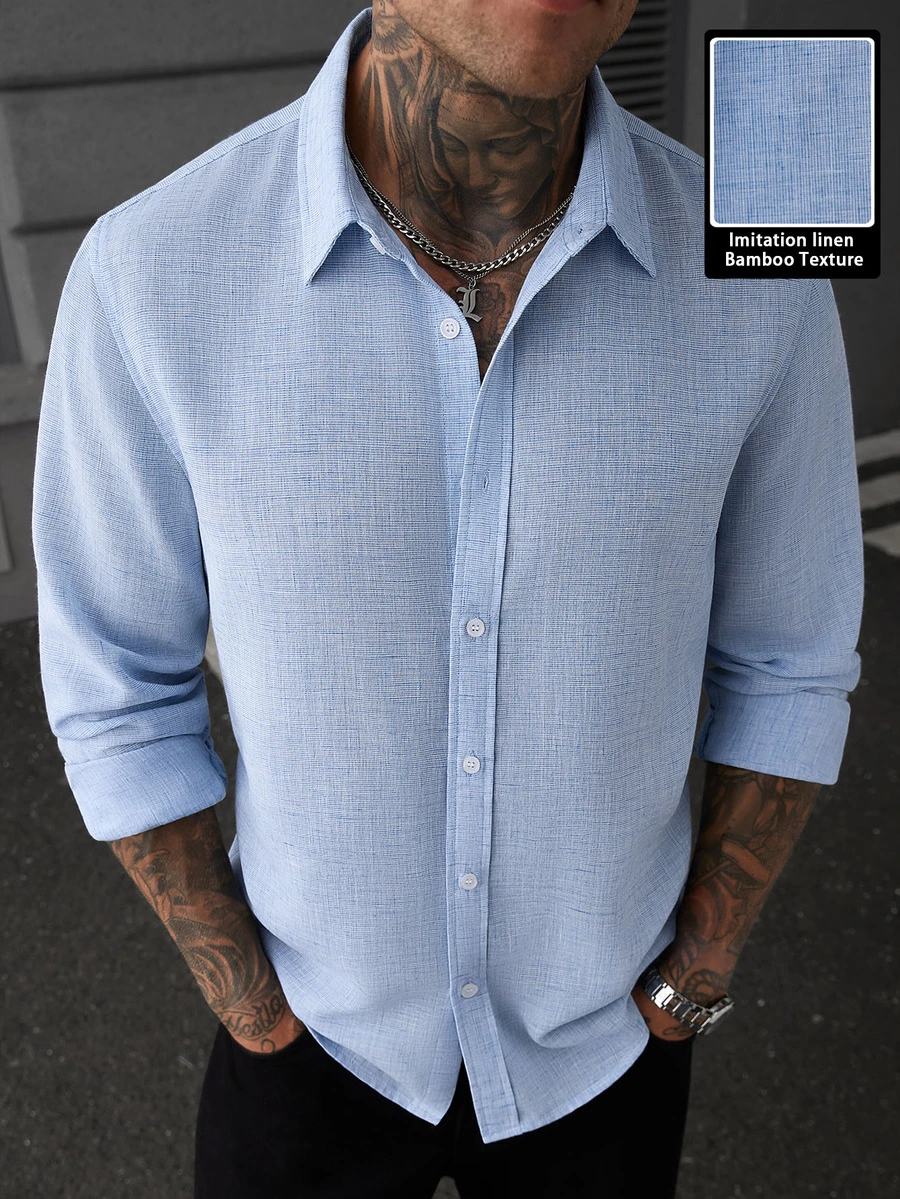 Manfinity CasualCool White Casual Linen Long Sleeve Shirt - Blue - View 1