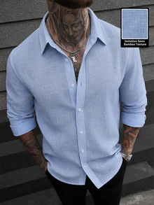 Manfinity CasualCool White Casual Linen Long Sleeve Shirt - Blue - View 5