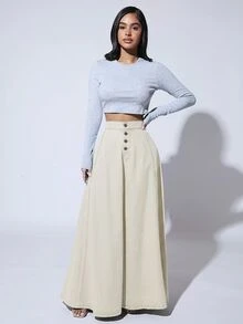 SHEIN SXY 女款鈕扣前襟休閒通勤牛仔裙 - 杏色 - 查看 4