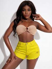 SHEIN SXY Women's Summer Solid Color Distressed Frayed Denim Shorts - Yellow - View 5