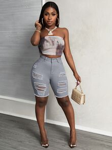 Slaydiva Women's Slim Fit Casual Denim Shorts With Distressed Pocket Detail - Light Grey - View 7