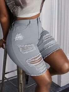 Slaydiva Women's Slim Fit Casual Denim Shorts With Distressed Pocket Detail - Light Grey - View 2