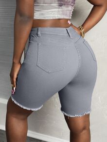 Slaydiva Women's Slim Fit Casual Denim Shorts With Distressed Pocket Detail - Light Grey - View 10