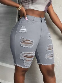 Slaydiva Women's Slim Fit Casual Denim Shorts With Distressed Pocket Detail - Light Grey - View 8