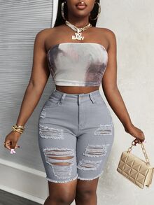 Slaydiva Women's Slim Fit Casual Denim Shorts With Distressed Pocket Detail - Light Grey - View 3