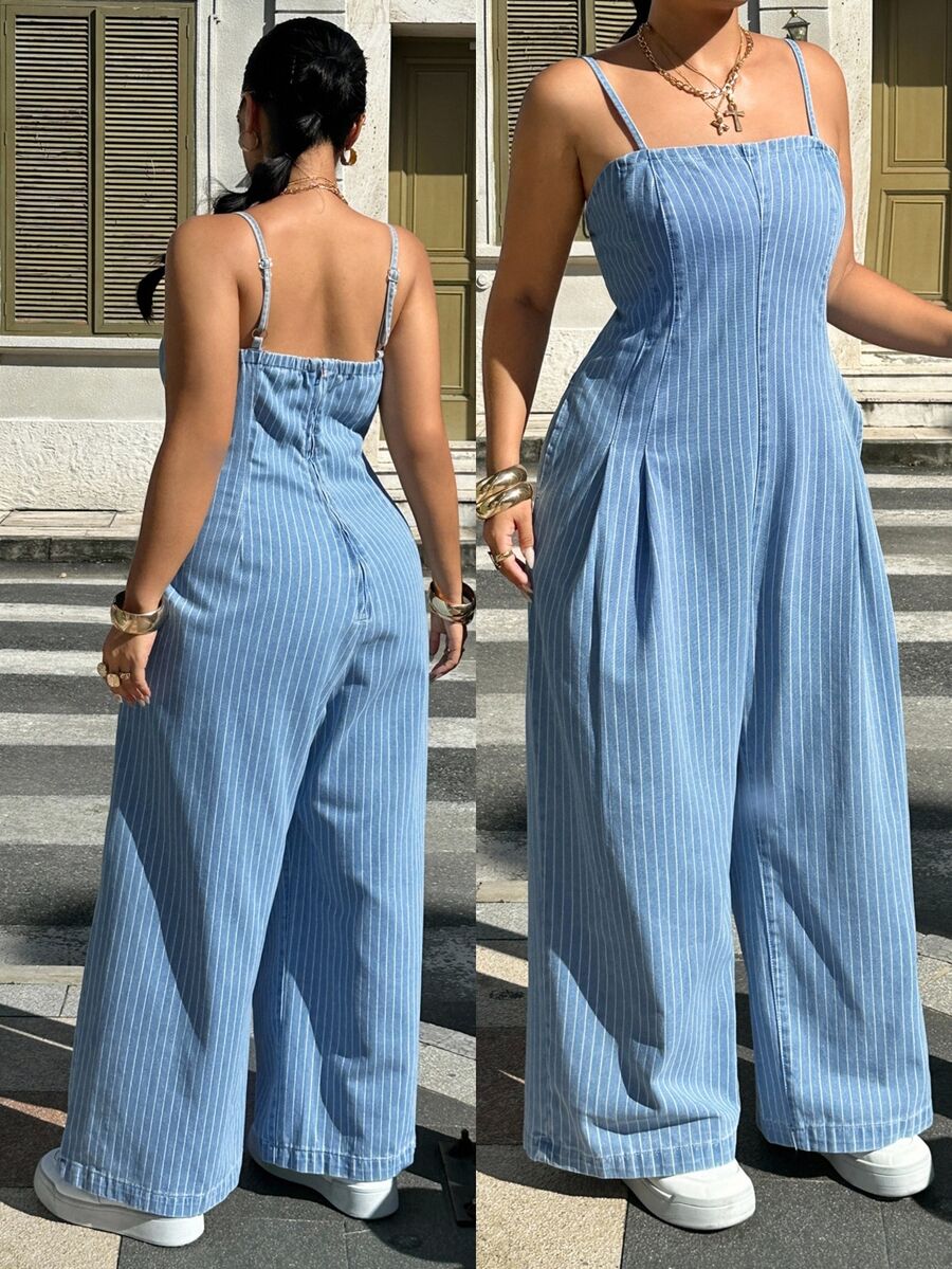 Rivivi Plus Size Summer New Striped Print Denim Cami Jumpsuit - Blue - View 1