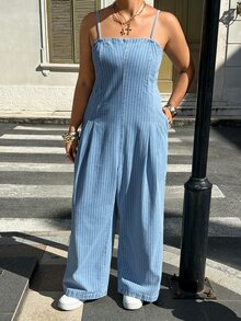 Rivivi Plus Size Summer New Striped Print Denim Cami Jumpsuit - Blue - View 3