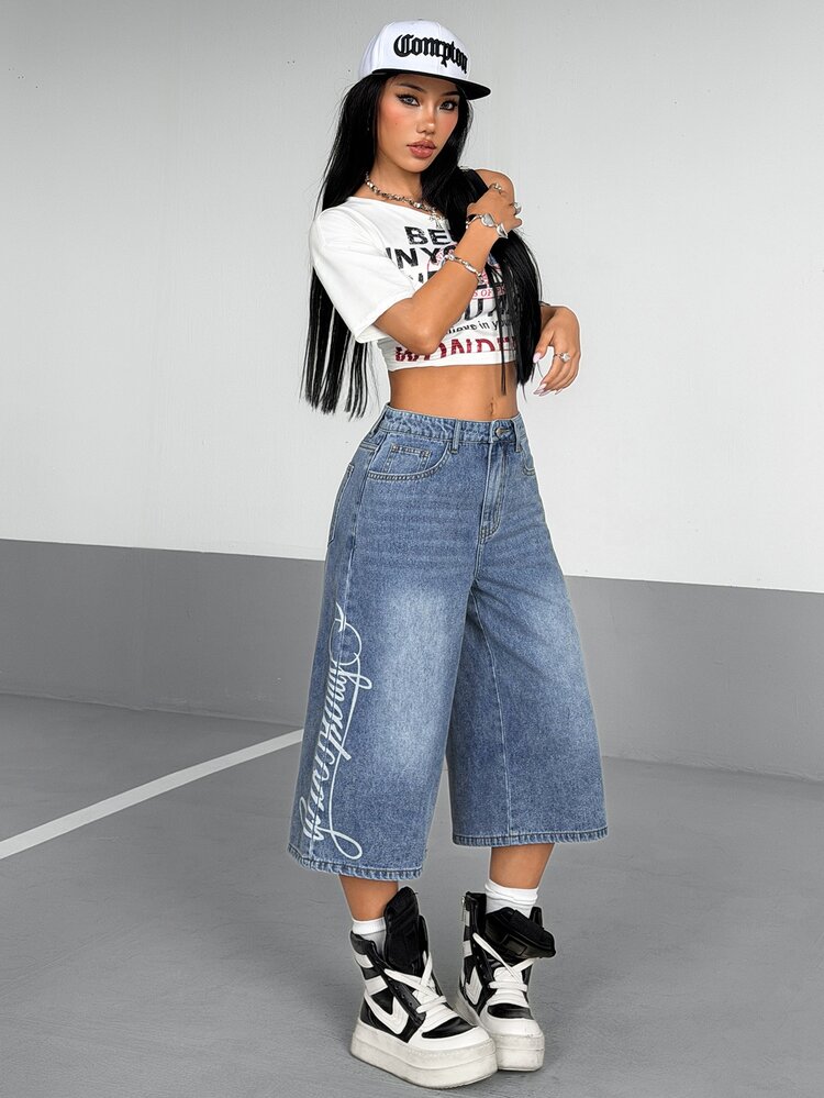 StreetHx Casual Washed Letter Print Denim Capris - Blue - View 2