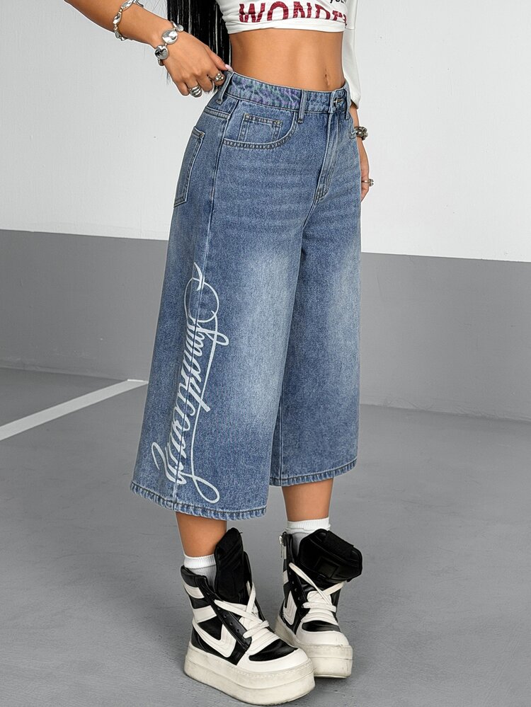 StreetHx Casual Washed Letter Print Denim Capris - Blue - View 7