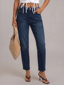 YARNWELL Women's Fashion Low Waist Slight Stretch Cat Whisker Washed Denim Jeans - Dark Wash - View 3