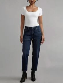 YARNWELL Women's Fashion Low Waist Slight Stretch Cat Whisker Washed Denim Jeans - Dark Wash - View 1