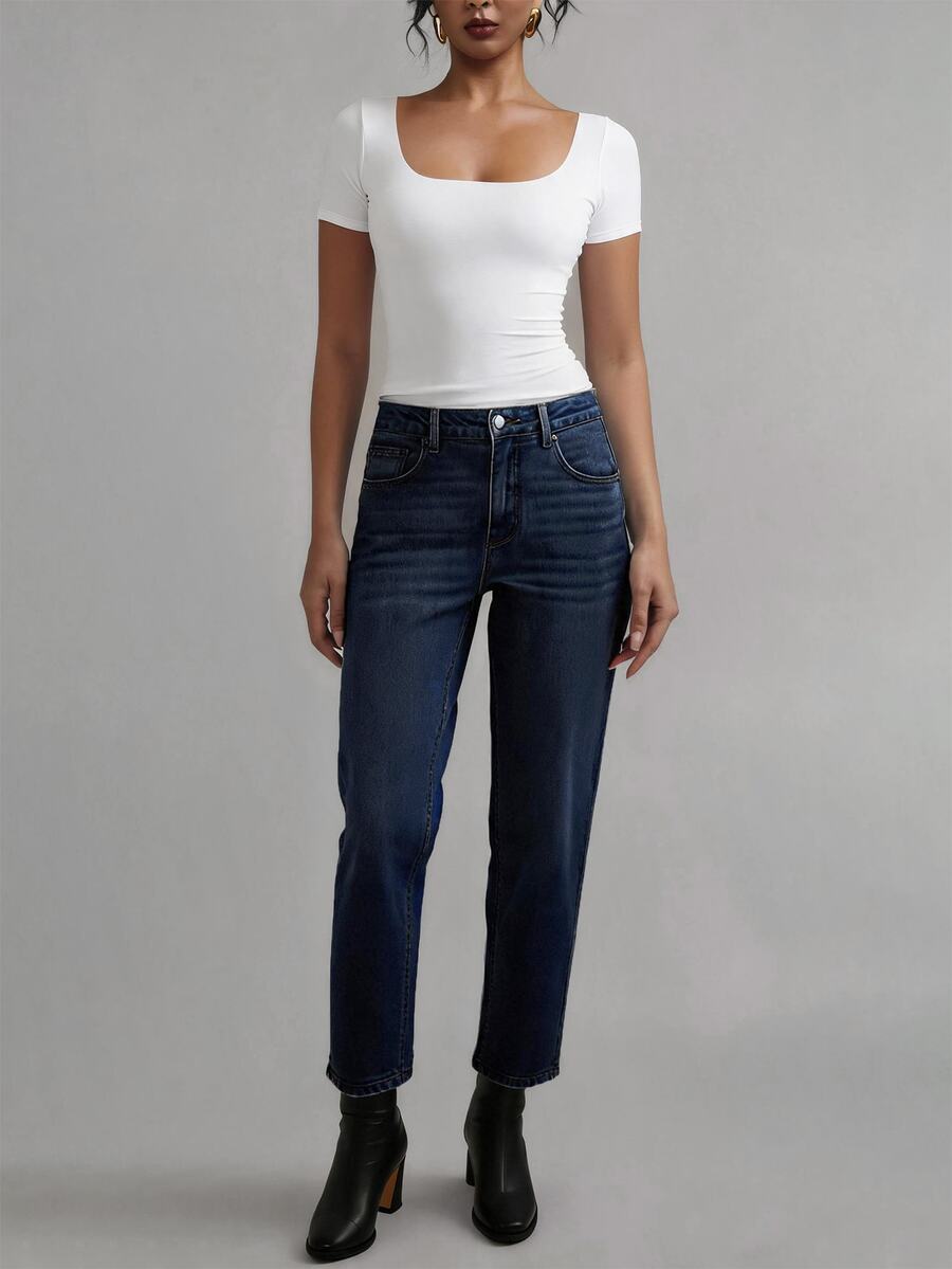 YARNWELL Women's Fashion Low Waist Slight Stretch Cat Whisker Washed Denim Jeans - Dark Wash - View 1