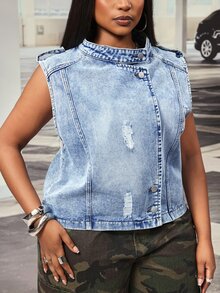 Slaydiva Summer New Button Loose Plus Size Denim Jacket Vacation Light Blue - Blue - View 6