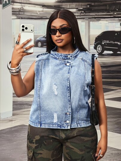 Slaydiva Summer New Button Loose Plus Size Denim Jacket Vacation Light Blue