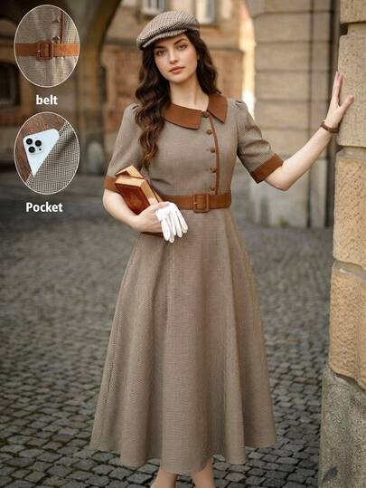 Vintamour Vintage Classic Elegant Women's Fitted Plaid Dress, Brown Contrast Collar Button-Up Flare Skirt Dress For Autumn/Winter