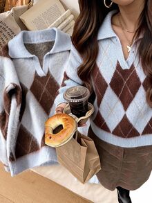 Story & Sage Damen Pullover mit Diamantmuster, Revers, Langarm, Lässig, Retro Vintage 70er, Preppy 90er inspiriert, Alltag, Kaffee Date, Brunch, Hellblau, Herbst - Verschiedenfarbig - Übersicht 2