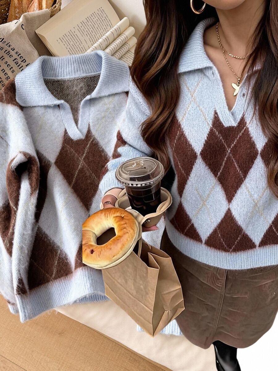 Story & Sage Damen Pullover mit Diamantmuster, Revers, Langarm, Lässig, Retro Vintage 70er, Preppy 90er inspiriert, Alltag, Kaffee Date, Brunch, Hellblau, Herbst