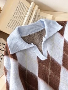 Story & Sage Damen Pullover mit Diamantmuster, Revers, Langarm, Lässig, Retro Vintage 70er, Preppy 90er inspiriert, Alltag, Kaffee Date, Brunch, Hellblau, Herbst - Verschiedenfarbig - Übersicht 5