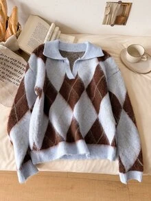 Story & Sage Damen Pullover mit Diamantmuster, Revers, Langarm, Lässig, Retro Vintage 70er, Preppy 90er inspiriert, Alltag, Kaffee Date, Brunch, Hellblau, Herbst - Verschiedenfarbig - Übersicht 7