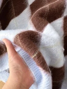 Story & Sage Damen Pullover mit Diamantmuster, Revers, Langarm, Lässig, Retro Vintage 70er, Preppy 90er inspiriert, Alltag, Kaffee Date, Brunch, Hellblau, Herbst - Verschiedenfarbig - Übersicht 9