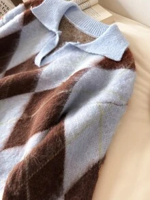 Story & Sage Damen Pullover mit Diamantmuster, Revers, Langarm, Lässig, Retro Vintage 70er, Preppy 90er inspiriert, Alltag, Kaffee Date, Brunch, Hellblau, Herbst - Verschiedenfarbig - Übersicht 6