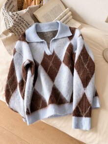 Story & Sage Damen Pullover mit Diamantmuster, Revers, Langarm, Lässig, Retro Vintage 70er, Preppy 90er inspiriert, Alltag, Kaffee Date, Brunch, Hellblau, Herbst - Verschiedenfarbig - Übersicht 4