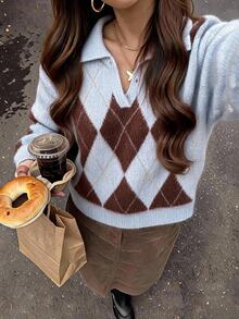 Story & Sage Damen Pullover mit Diamantmuster, Revers, Langarm, Lässig, Retro Vintage 70er, Preppy 90er inspiriert, Alltag, Kaffee Date, Brunch, Hellblau, Herbst - Verschiedenfarbig - Übersicht 8