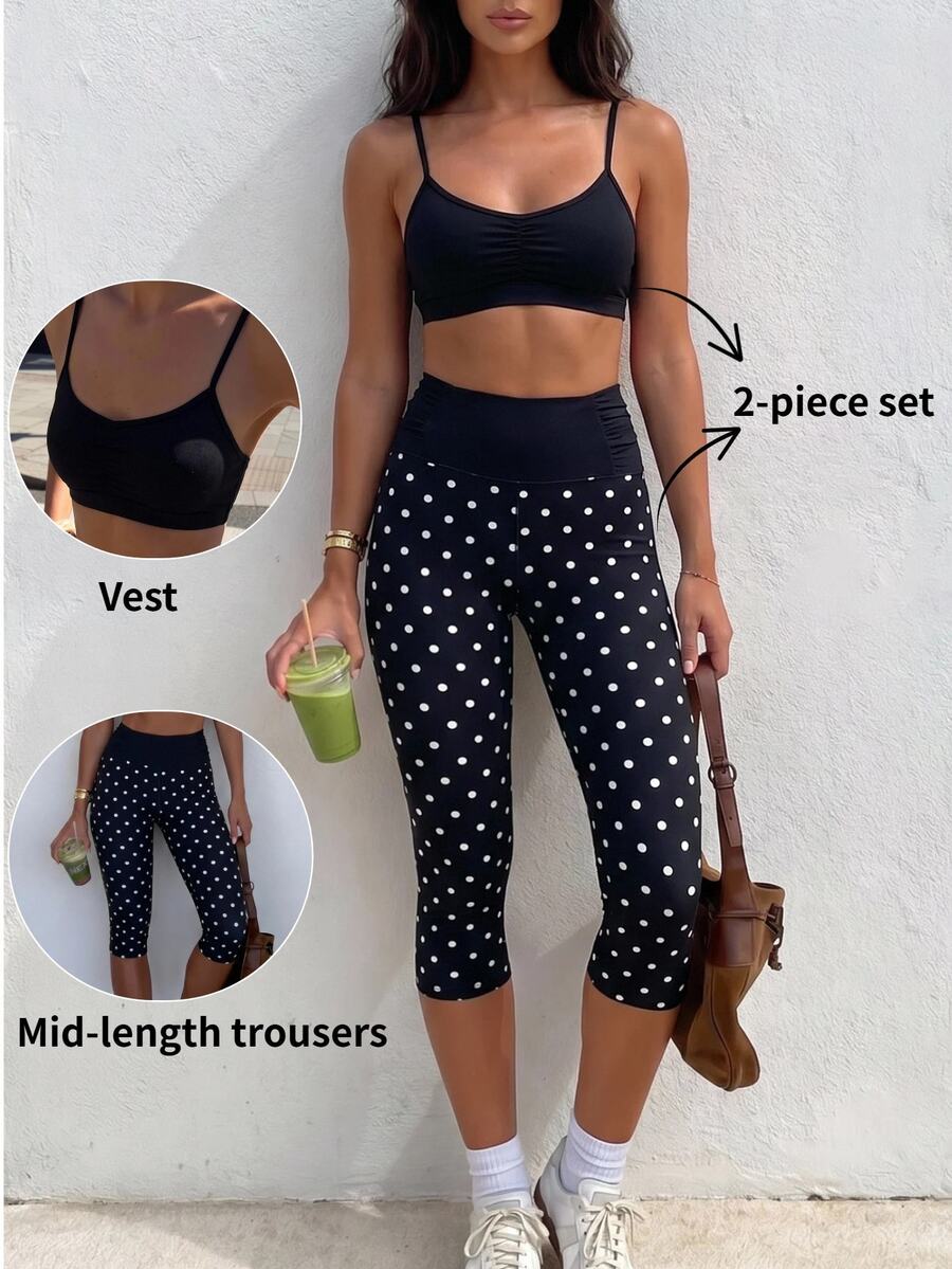 Pariaura 2pcs/Set Musim Semi/Panas Baru Motif Polkadot Multiwarna Tali Tipis Berkerut Tanpa Kawat Belakang Set Olahraga Wanita Kasual untuk Kebugaran - MultiWarna - View 1