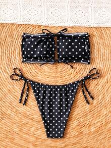 Swim SXY 女款波點印花雙層布料平胸式比基尼泳衣套裝（後綁帶）高衩側綁帶兩件式泳裝 - 黑與白 - 查看 7
