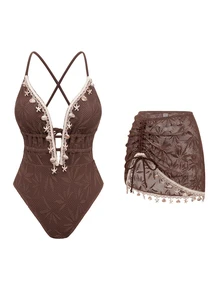 Swim Oasis Women's Solid Color Spaghetti Strap Front Shell Chain Decor Skirt Two Pieces Swimsuit - Coffee Brown - View 3